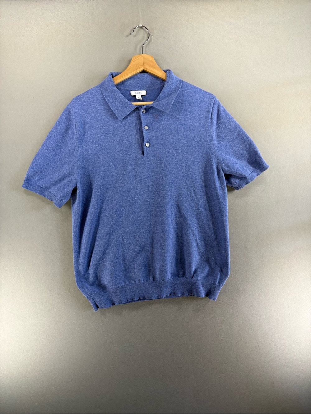 Reiss Polo Shirt Men's Wilton Knit L Blue  Short Sleeve Cotton Blend Preppy